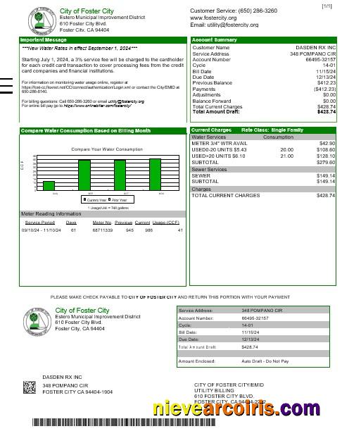 USA CITY OF FOSTER CITY business utility bill